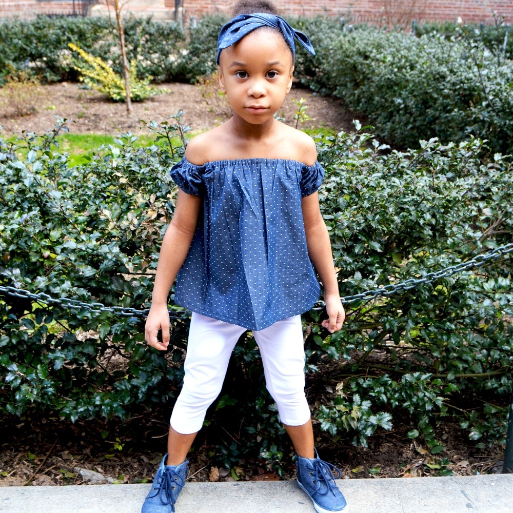 Girl's Blue & White Chambray Off Shoulder Top